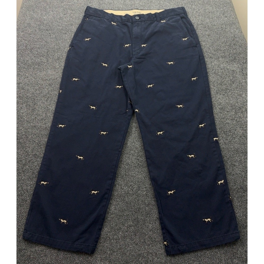 IZOD Chino Pants Mens 36x29 (28) Navy Embroidered Hunting Dog Saltwater Straight